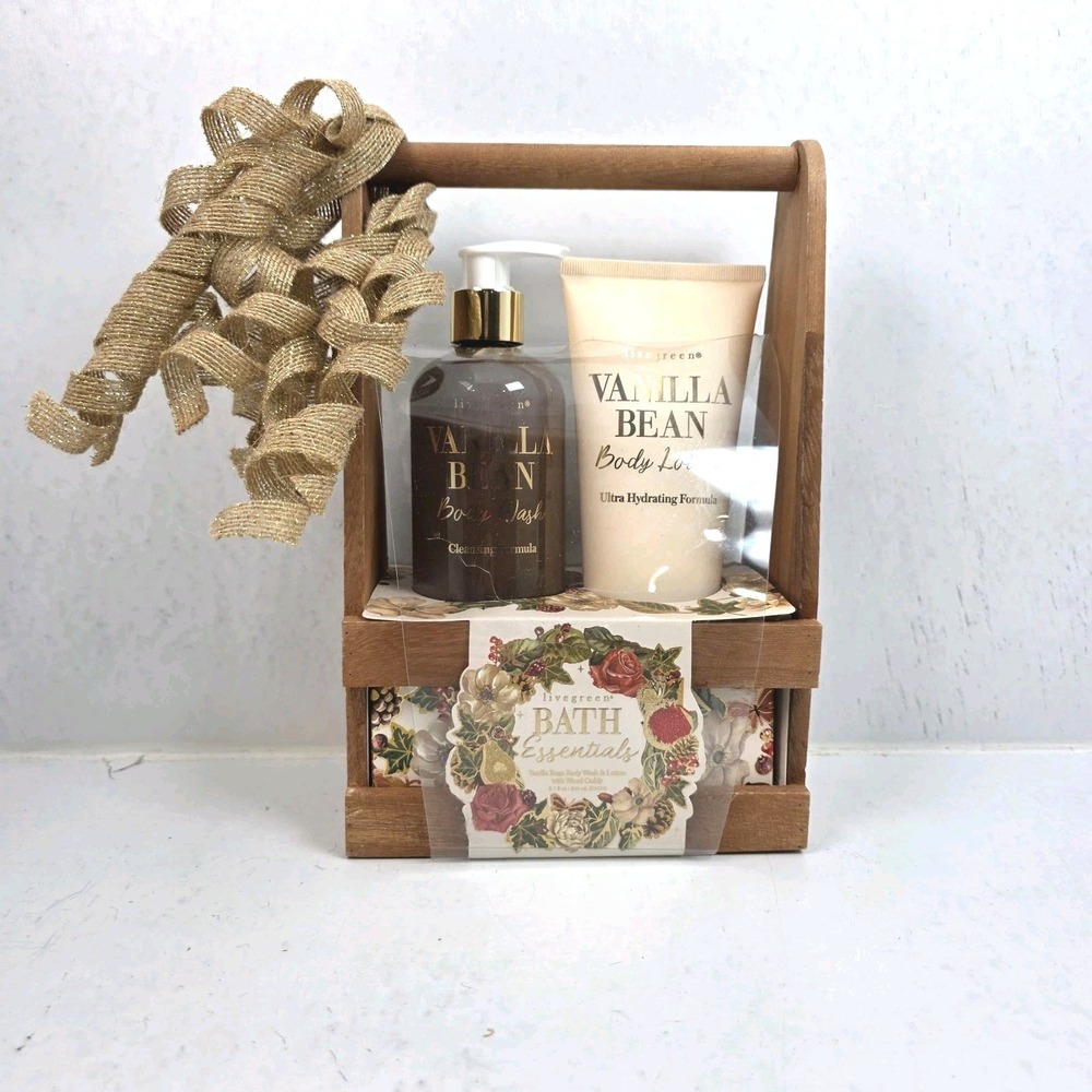 Livegreen Vanilla Bean Bath Spa‎ Gift Set Wood Caddy Body Wash & Lotion NWT 2pc
